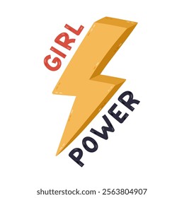 Lovely cartoon volume lightning bolt with lettering Girl Power. Cute hand drawn thunderbolt as sign of International Women day, feminism movement, solidarity, equality isolated on white background.