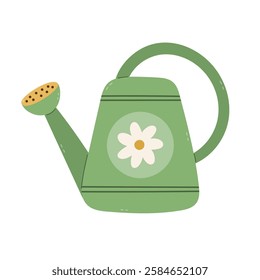 Lovely cartoon watering can with chamomile label. Hand drawn gardening sprinkler for shower and spray water for growing flowers, harvest, seedlings. Pouring tool clipart isolated on white background.