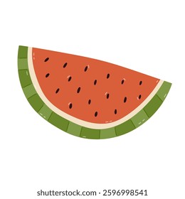 Lovely cartoon watermelon slice with seeds and rind in childish style. Multicolored large piece of fruit from tropics and summertime isolated on white. Cute juicy watermelon for poster, design, print.