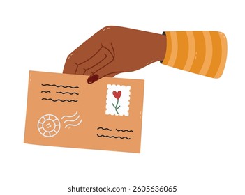 Lovely cartoon women hand holding envelope with postage stamp, marks, place for address and index. Hand drawn letter in female arm to put it in mailbox, send via post office isolated on background.