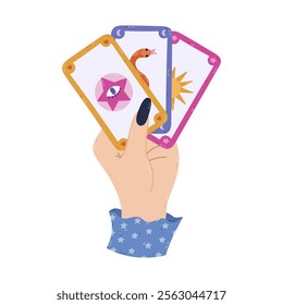 Lovely cartoon women hand with tarot cards as symbol of fortune teller, divination, future reading. Hand drawn concept of cartomancy with cards with pentagram, all seeing eye, snake esoteric sun.