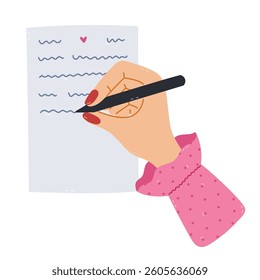 Lovely cartoon women hand writing a love letter with pen. Hand drawn arm in female shirt with manicure write on paper sheet. Sending mail, correspondence post concept isolated on white. Top view.