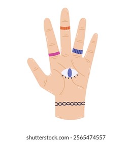 Lovely cartoon women palm with all seeing eye in the center, rings, bracelet. Hand drawn sign of fortune teller, palmistry, forecast of future, Hamsa hand talisman. Esoteric clipart isolated on white.