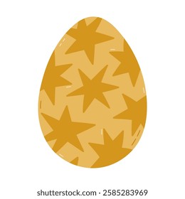 Lovely cartoon yellow painted egg with big stars ornament for Easter egg hunt. Trendy hand drawn clipart for celebrating family springtime holiday. Cute doodle isolated on background for poster, card.