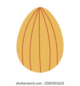 Lovely cartoon yellow painted egg with simple vertical line ornament for Easter egg hunt. Trendy hand drawn clipart for religious springtime holiday. Flat doodle isolated on white for poster design.