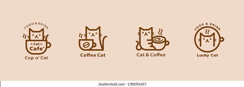 Lovely cat cafe line style logo set in brown color