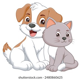 Lovely Cat And Dog Cartoon. Animal Nature Icon Concept Isolated Premium Vector. Vector Illustration