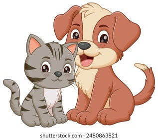 Lovely Cat And Dog Cartoon. Animal Nature Icon Concept Isolated Premium Vector. Vector Illustration