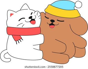 Lovely Cat And Dog Snuggled Up Together Vector Illustration