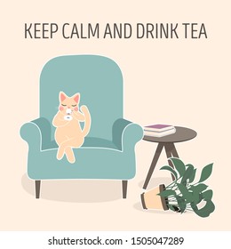 Lovely cat drinking tea on blue armchair, home pet resting vector Illustration. Keep calm and drink tea. The cat dropped the flower pot