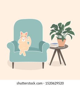 Lovely cat drinking tea on blue armchair, home pet resting vector Illustration