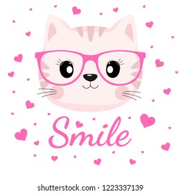 Lovely cat face in glasses with pink hearts on white background. Children's graphics for t-shirts and can also be used for other. Greeting card.