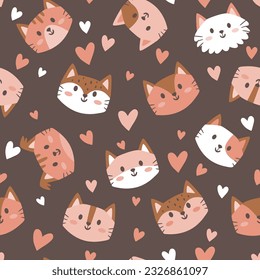 Lovely cat faces seamless pattern. Cartoon kitties and hearts on brown background. Nursery decoration. Square repeat pattern design. Vector illustration.