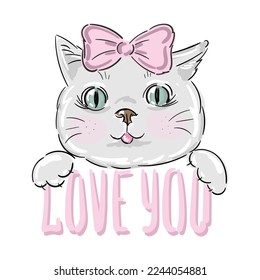 Lovely cat girl with pink Inscription Love. Can be used for T shirt print, stickers, greeting card design. Vector illustration