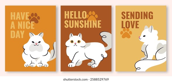 Lovely cat greeting card template in warm orange, brown, and yellow tones, featuring white cats. Includes 'Have a Nice Day,' 'Hello Sunshine,' and 'Sending Love' messages.