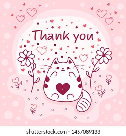 Lovely cat with hearts and flowers. Vector hand drawn illustration. Thank you card