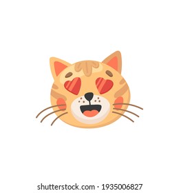 Un bonito gato con corazones en lugar de ojos aislados, linda cabeza animal. Hocico de gatito adorable vector, emoticono de San Valentín, símbolo del amor. Hocico o boquilla gitano, retrato felino feliz de emoji