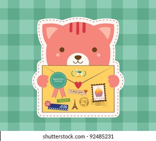 Lovely Cat is Holding a Love Envelope. Valentine Design.