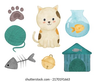 Lovely cat with object element, paw, bell,  yarn, fish jar, cat house, fishbone in cartoon character with watercolor painting style, vector illustration