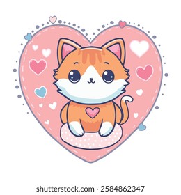 Lovely cat with pink hearts vector illustrator. Cute Valentine card in kawaii style. Can be used for t-shirt print, stickers, greeting card design. Vector illustration EPS8