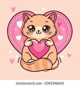 Lovely cat with pink hearts vector illustrator. Cute Valentine card in kawaii style. Can be used for t-shirt print, stickers, greeting card design. Vector illustration EPS8