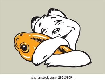The lovely cat rejoices to fish and anticipates improbable pleasure.