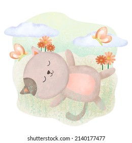 Lovely cat sleeping on meadow with flower at outdoor park, animal in cartoon character drawing in water color, flat design vector illustration