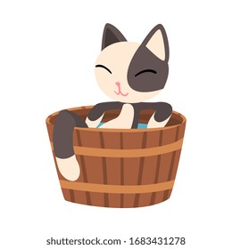 Lovely Cat Taking Japanese Hot Spring Bath, Funny Pet Animal Enjoying Spa Procedure in Wooden Barrel, Onsen Vector illustration