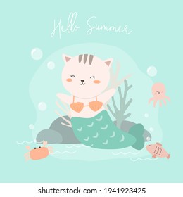 Lovely cat wearing mermaid suit at undersea, Hand drawn style flat vector illustration, Animal Cartoon Character in Summer time concept