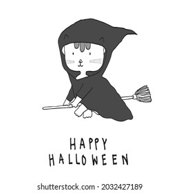 A lovely cat wearing the witch gown and sitting on the broom for Halloween concept. Hand drawn vector illustration in doodle art style on white background