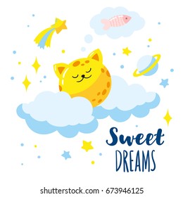 Lovely cat-moon on clouds in the sky. Vector illustration is suitable for greeting cards, posters, prints on T-shirts.
