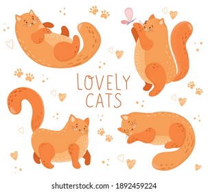 Lovely cats collection. Cute, adorable, fat kitty set.  Cartoon childish illustration with kitty, hearts, paws. Isolated on white background. Lovely pet. Perfect for cards, posters, t-shirt, stickers.