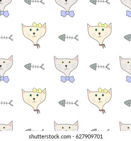 lovely cats and fish bone seamless pattern, hand drawn style, vector illustration