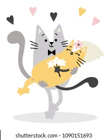 Lovely cats in love get married. Bride and groom. Vector illustration in flat style for valentine's day, wedding decoration, greeting cards