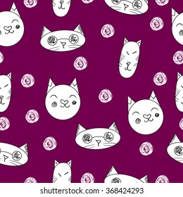 Lovely cats. Seamless pattern. Black background with white cats. Painted cats on a vinous background with black circles