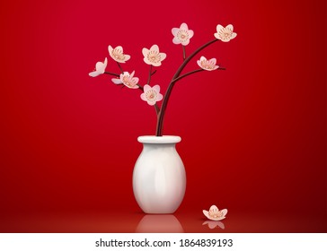 Lovely ceramic plum flower in white vase isolated on red background, 3d illustration