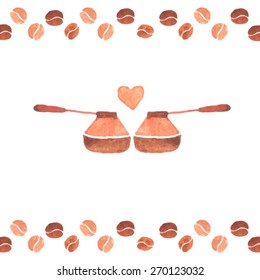 lovely cezve. Watercolor cezve illustration. Coffee time. Love in coffee. Sweet coffee background. Menu cover. heart of coffee. coffee illustration.