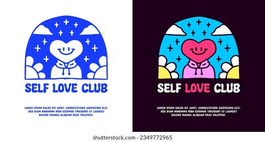 Lovely character with self love club typography, illustration for logo, t-shirt, sticker, or apparel merchandise. With doodle, retro, groovy, and cartoon style.