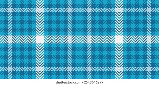 Lovely check texture seamless, flow tartan fabric plaid. Usa textile pattern vector background in cyan and light blue colors palette.