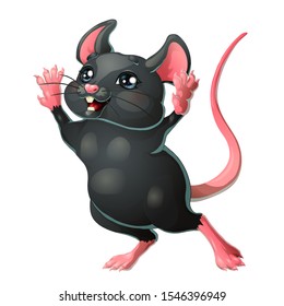 The lovely cheerful black and pink mouse with dark eyes stand on hind legs. Colorful rat, vector cartoon illustration 3d style isolated on white background