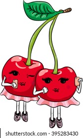 Lovely and cheerful cherries are photographed on a mobile phone