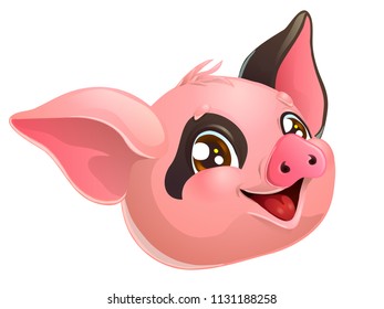 The lovely cheerful pink and black paint pig head with brown eyes. A cartoon vector illustration isolated on white.