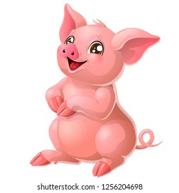 The lovely cheerful pink pig with and brown eyes sits. A yellow hog, boar a symbol 2019 New Years according to the Chinese calendar. A cartoon vector illustration isolated on white.
