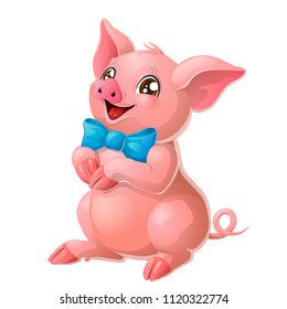 The lovely cheerful pink pig head with blue bow and brown eyes sits. A yellow hog, boar a symbol 2019 New Years according to the Chinese calendar. A cartoon vector illustration isolated on white.