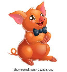 The lovely cheerful red little pig Duroc breed with black tie bow and brown eyes sits. A cartoon vector illustration isolated on white.