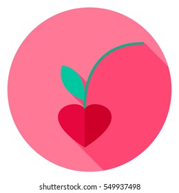 Lovely Cherry Circle Icon. Flat Design Vector Illustration with Long Shadow. Happy Valentine Day Symbol.