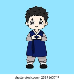 A lovely chibi boy is dressed in a Hanbok, also known as Korean traditional wear.