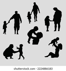 Lovely Child And Parents Silhouette Vector Art Bundle.