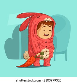 Lovely child wearing a rabbit costume, vector illustration. Smiling kid dressed as a bunny holding huge carrot. Delighted toddler wearing a pink rabbit pajama. Cute child, kid, toddler, 2023 symbol