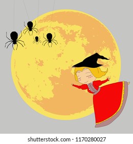 lovely child witch in red dress and her hat on super moon background with her spider hang from top. Vector-illustration.